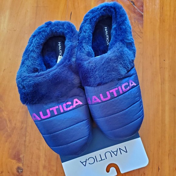 Nautica Faux Fur Trimmed Logo Slippers - Picture 1 of 3